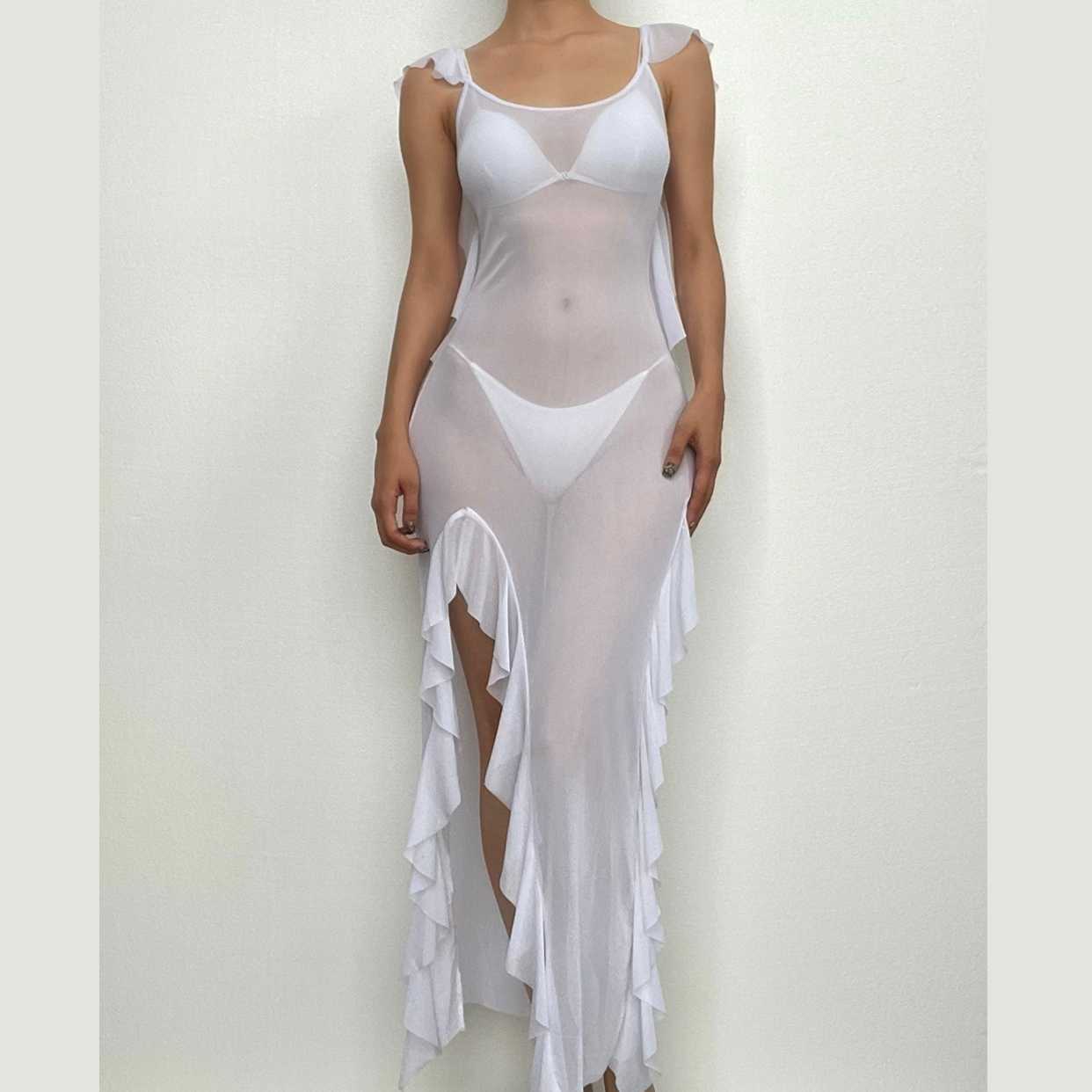 Sheer Mesh Backless Ruffle Slit Maxi Dress - Y2K Aesthetic, Coquette Style, Cute Evening Wear
