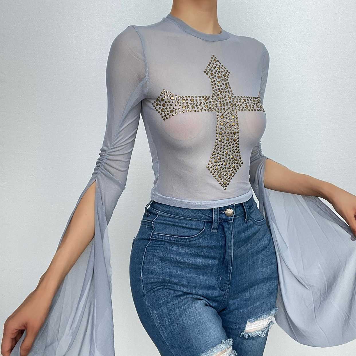 Sheer Mesh Beaded Ruched Slit Top - Y2K Aesthetic, Coquette Style, Cute Layering Piece