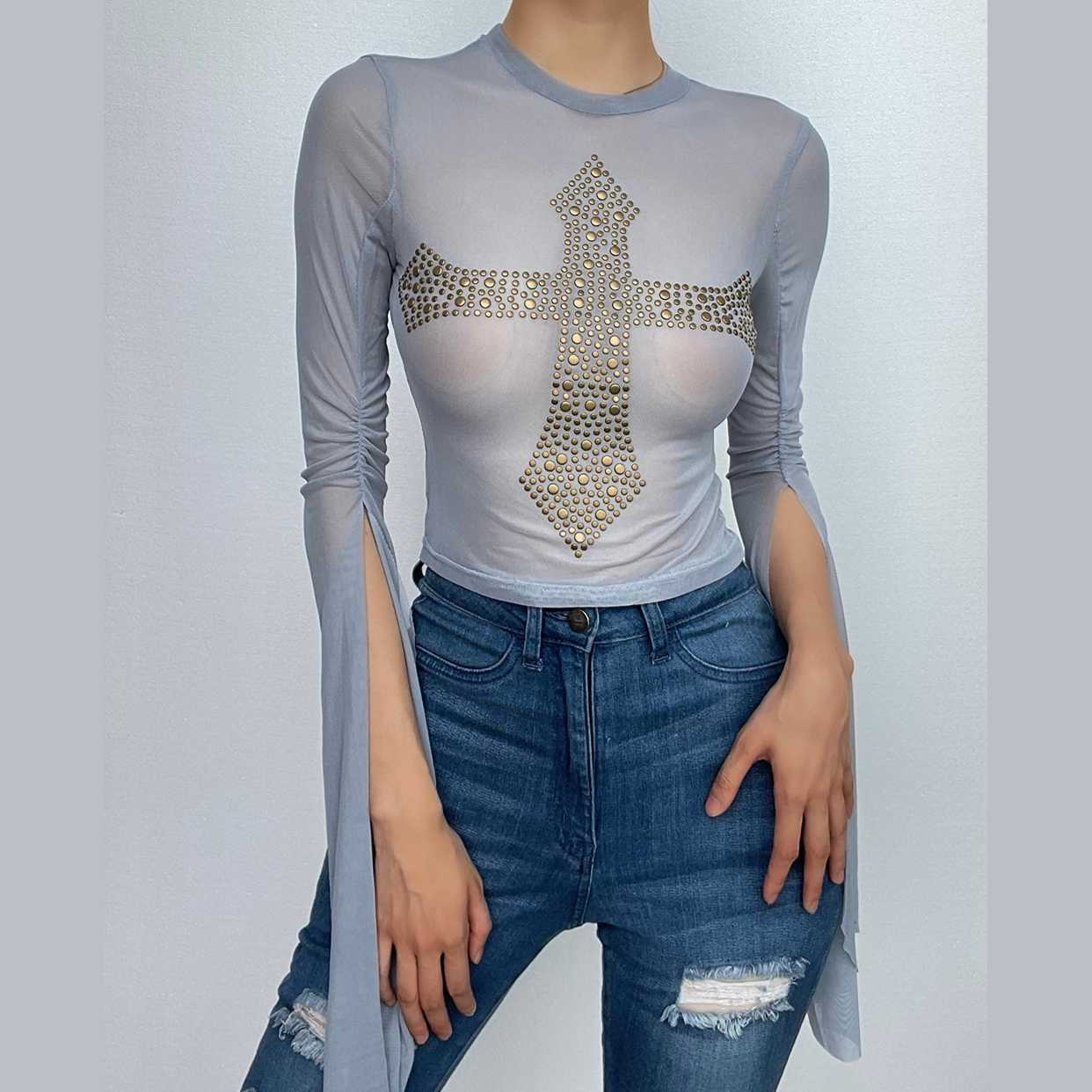 Sheer Mesh Beaded Ruched Slit Top - Y2K Aesthetic, Coquette Style, Cute Layering Piece