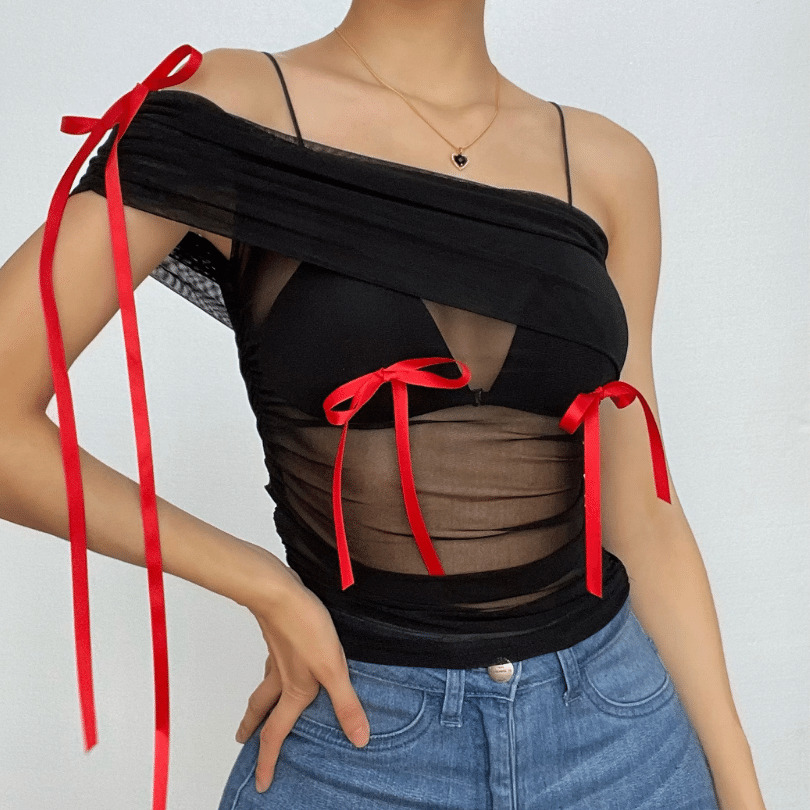 Sheer Mesh Bowknot Off-Shoulder Top - Y2K Aesthetic, Cute Crop for Coquette & Grunge Styles