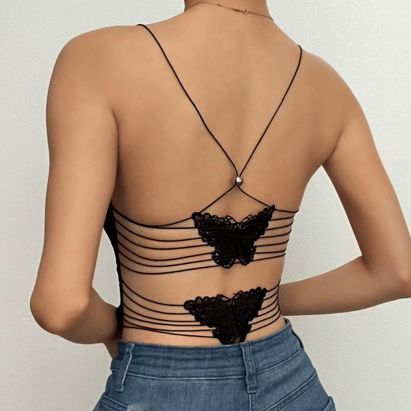 Sheer Mesh Butterfly Applique Backless Top - Y2K Aesthetic Cute Crop for Grunge & Coquette Styles