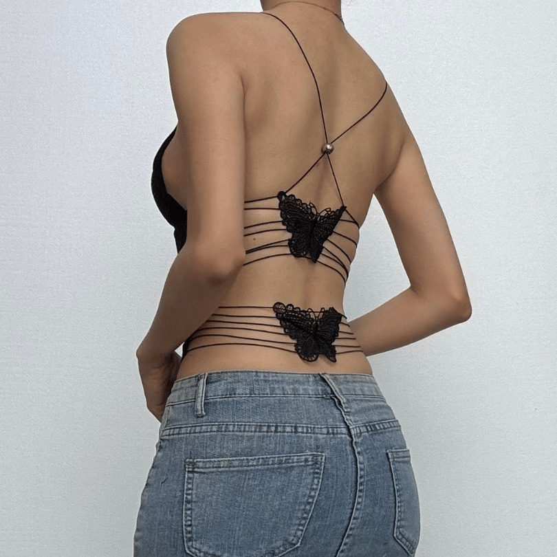 Sheer Mesh Butterfly Applique Backless Top - Y2K Aesthetic Cute Crop for Grunge & Coquette Styles