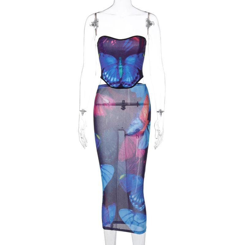 Sheer Mesh Butterfly Lace-Up Midi Skirt Set - Y2K Fashion, Coquette Aesthetic, Grunge Style