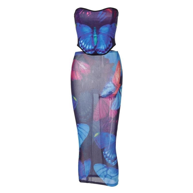Sheer Mesh Butterfly Lace-Up Midi Skirt Set - Y2K Fashion, Coquette Aesthetic, Grunge Style