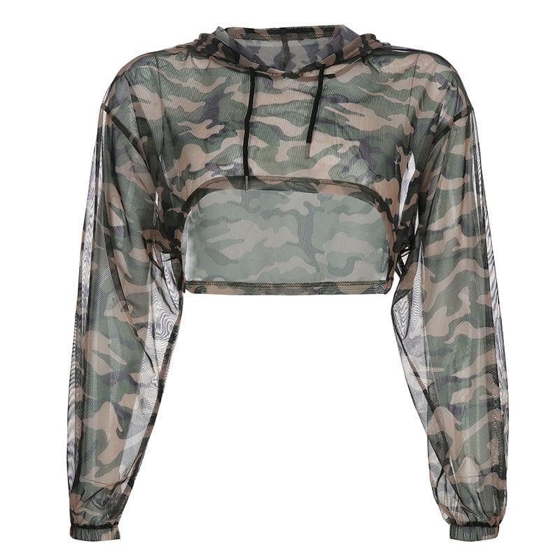 Sheer Mesh Camouflage Hoodie Smock - Y2K Fashion, Grunge Aesthetic, Comfy Layering Top