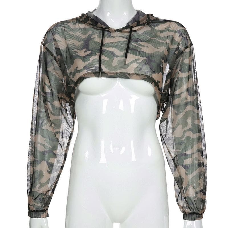 Sheer Mesh Camouflage Hoodie Smock - Y2K Fashion, Grunge Aesthetic, Comfy Layering Top