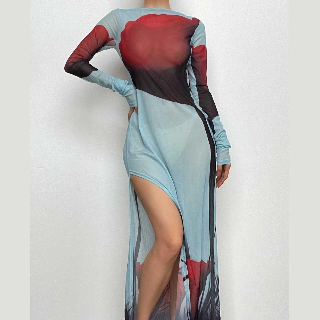 Sheer Mesh Contrast Long Sleeve Slit Maxi Dress - Y2K Aesthetic & Coquette Style