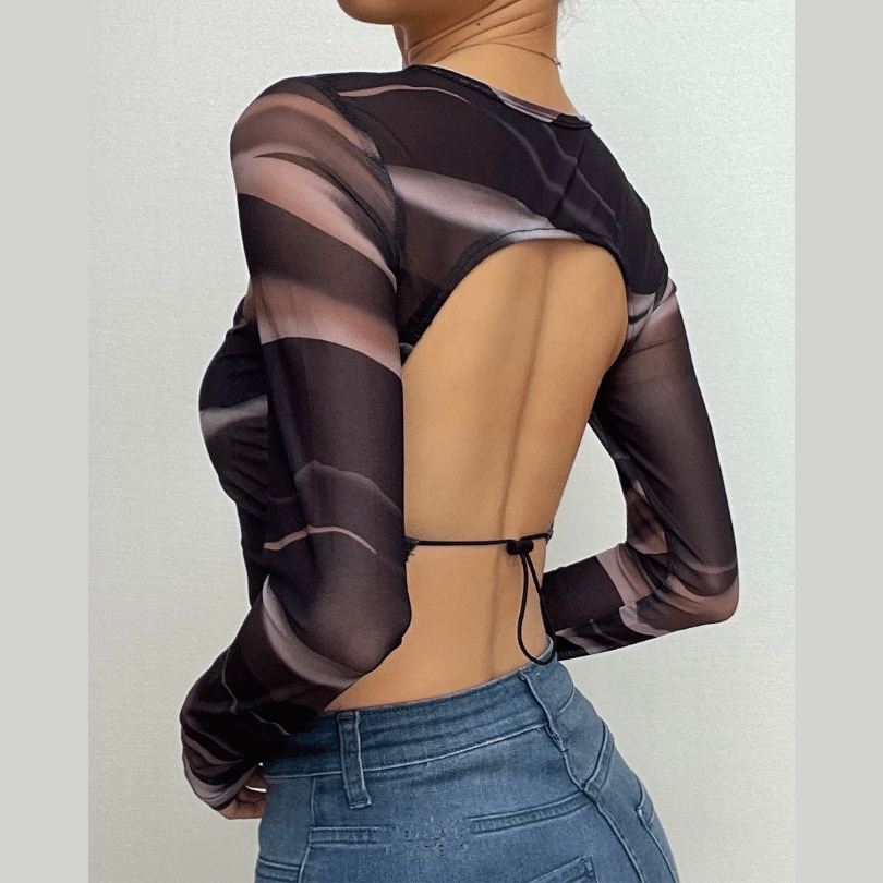 Sheer Mesh Contrast Print Backless Crop Top - Y2K Aesthetic, Cute & Comfy Style