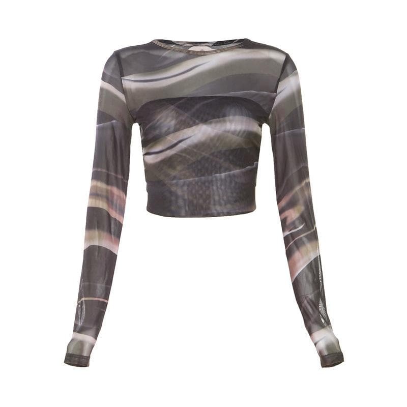 Sheer Mesh Contrast Print Backless Crop Top - Y2K Aesthetic, Cute & Comfy Style