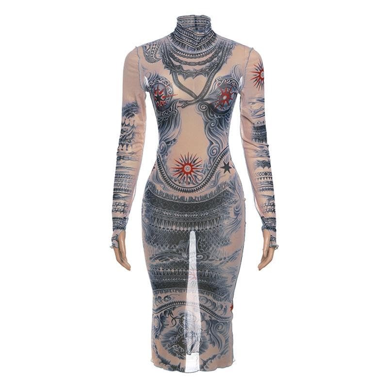 Sheer Mesh Contrast Print Midi Dress with Long Sleeve Gloves - Y2K & Coquette Aesthetic