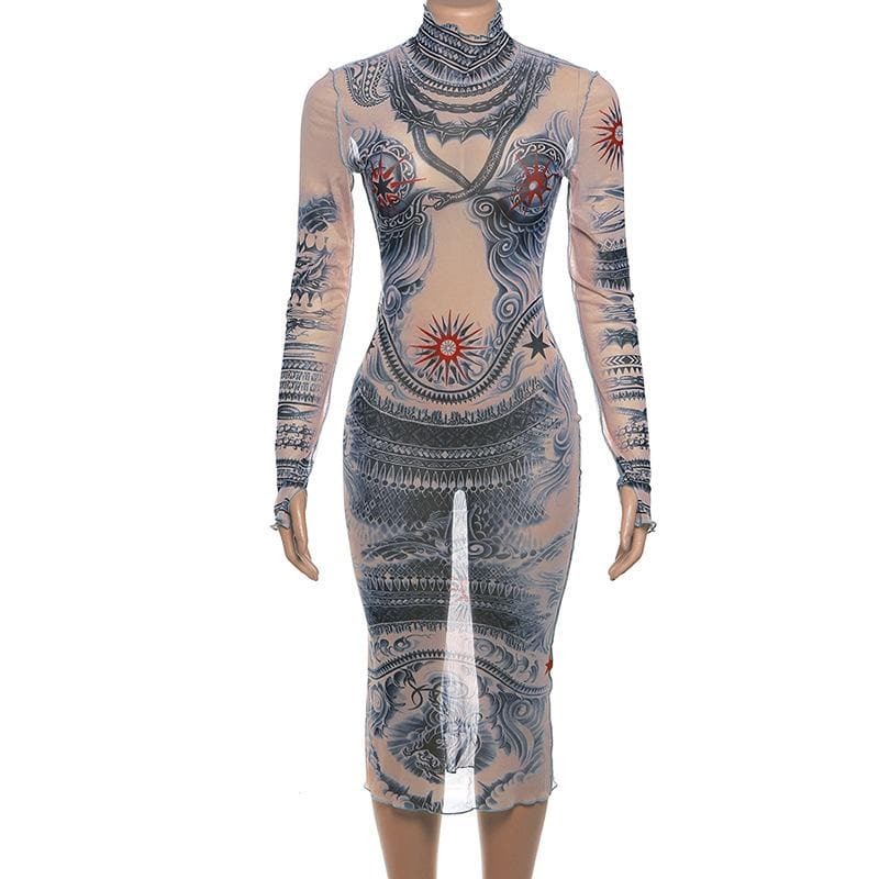 Sheer Mesh Contrast Print Midi Dress with Long Sleeve Gloves - Y2K & Coquette Aesthetic