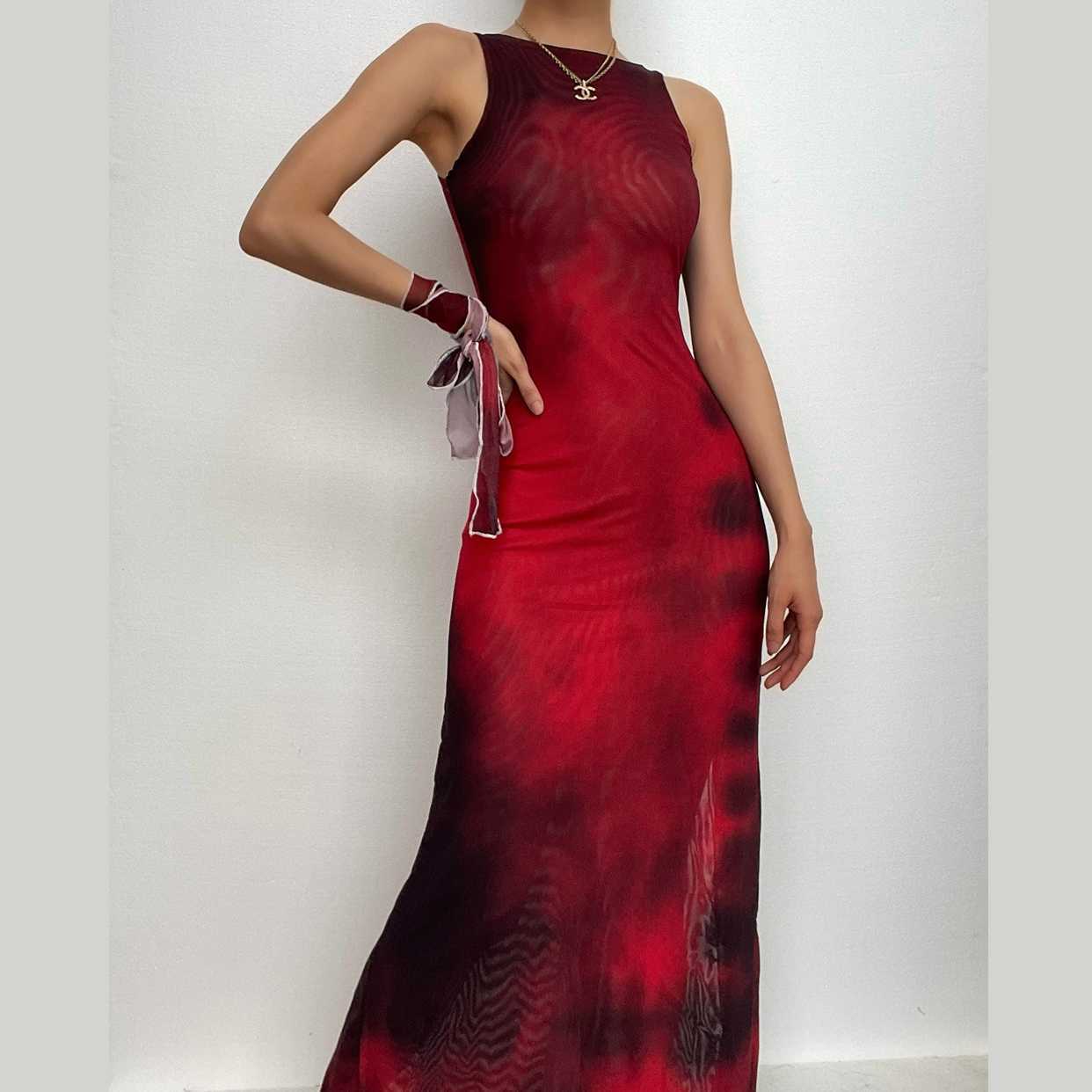 Sheer Mesh Contrast Print Slit Midi Dress - Y2K Aesthetic, Coquette Style, Cute & Comfy
