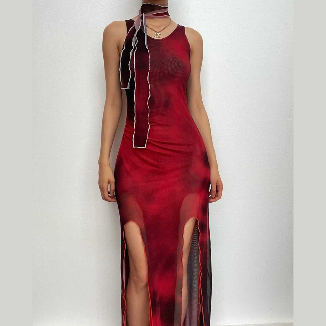 Sheer Mesh Contrast Print Slit Midi Dress - Y2K Aesthetic, Coquette Style, Cute & Comfy