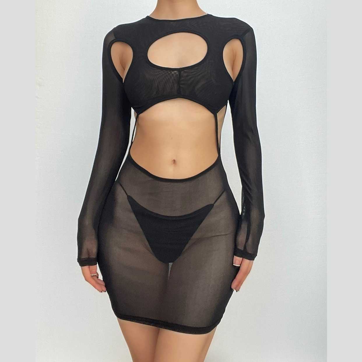 Sheer Mesh Cut-Out Mini Dress - Y2K Fashion, Coquette Aesthetic, Grunge Style
