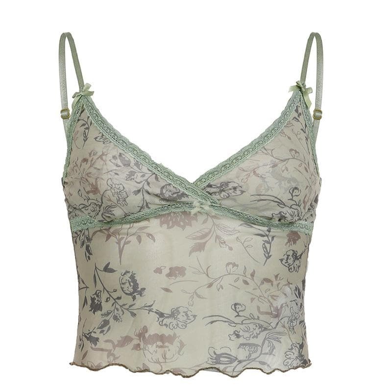 Sheer Mesh Floral Print V-Neck Lace Hem Cami Crop Top - Y2K Coquette Aesthetic Style