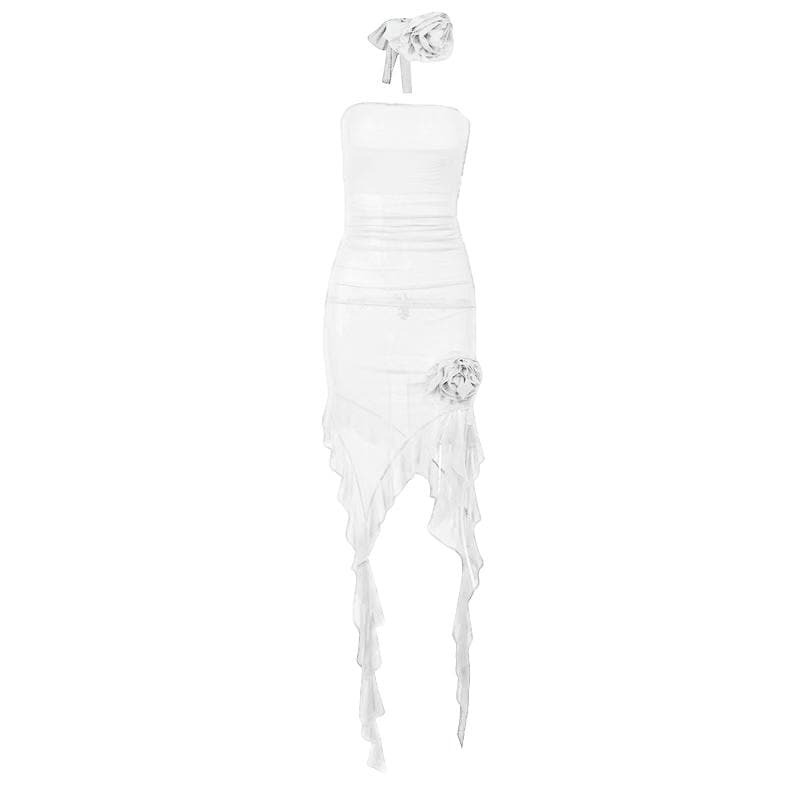 Sheer Mesh Flower Applique Mini Dress - Y2K Aesthetic, Coquette Style, Cute & Trendy