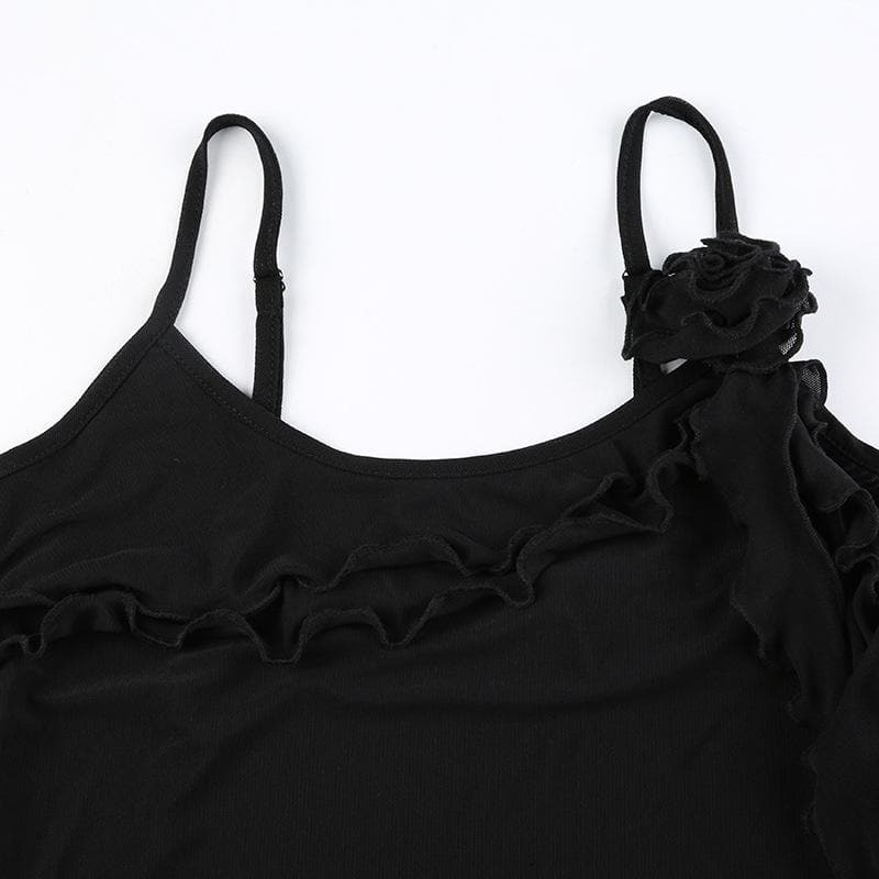 Sheer Mesh Flower Applique Ruffle U-Neck Irregular Crop Top - Y2K Coquette Aesthetic Fashion