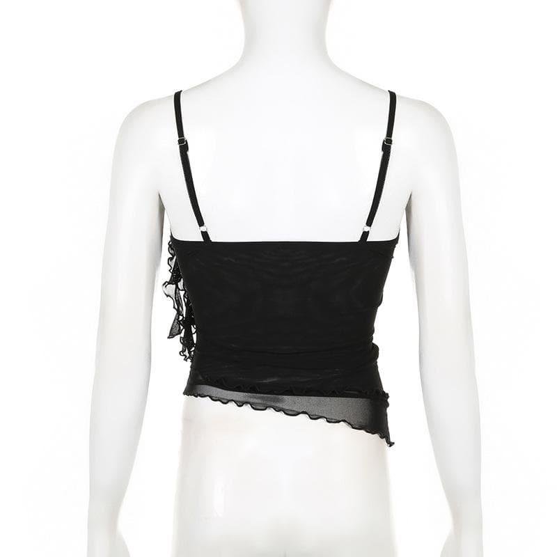 Sheer Mesh Flower Applique Ruffle U-Neck Irregular Crop Top - Y2K Coquette Aesthetic Fashion