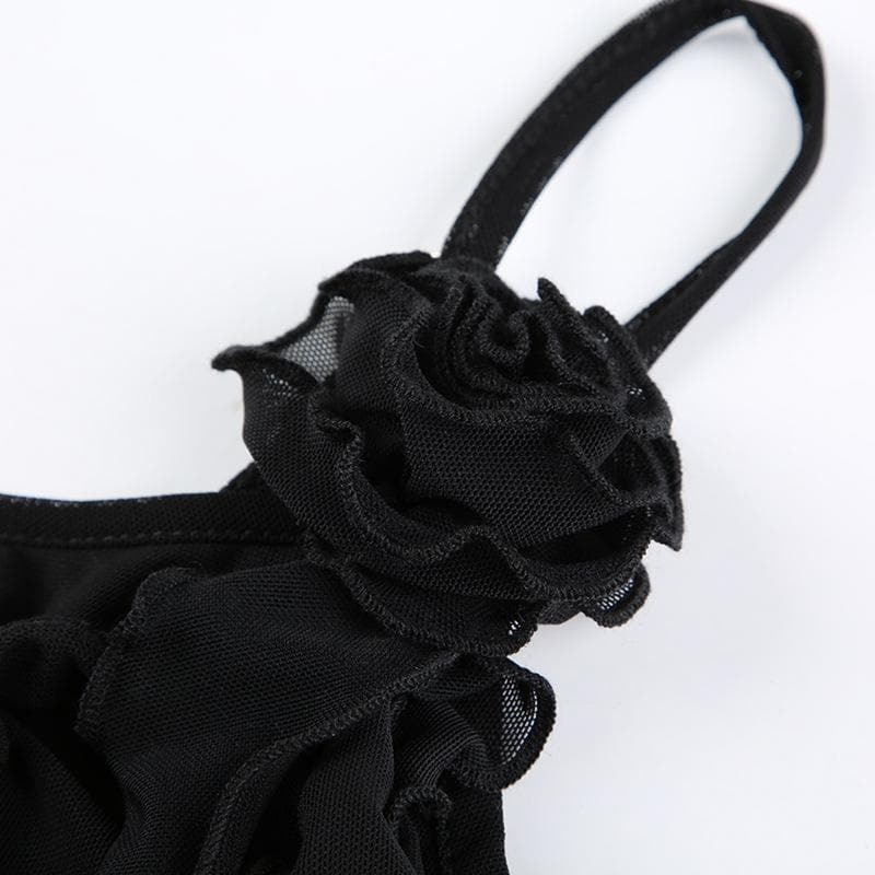 Sheer Mesh Flower Applique Ruffle U-Neck Irregular Crop Top - Y2K Coquette Aesthetic Fashion