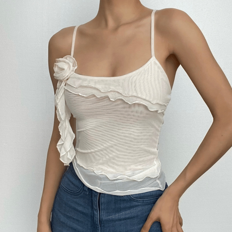 Sheer Mesh Flower Applique Ruffle U-Neck Irregular Crop Top - Y2K Coquette Aesthetic Fashion