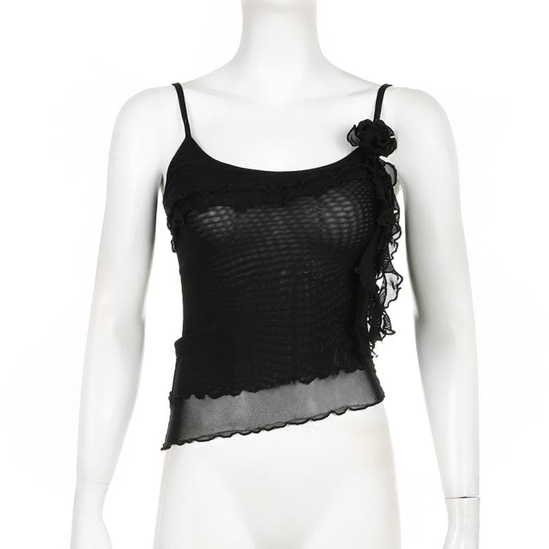 Sheer Mesh Flower Applique Ruffle U-Neck Irregular Crop Top - Y2K Coquette Aesthetic Fashion