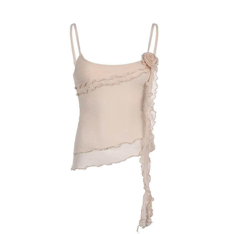 Sheer Mesh Flower Applique Ruffle U-Neck Irregular Crop Top - Y2K Coquette Aesthetic Fashion