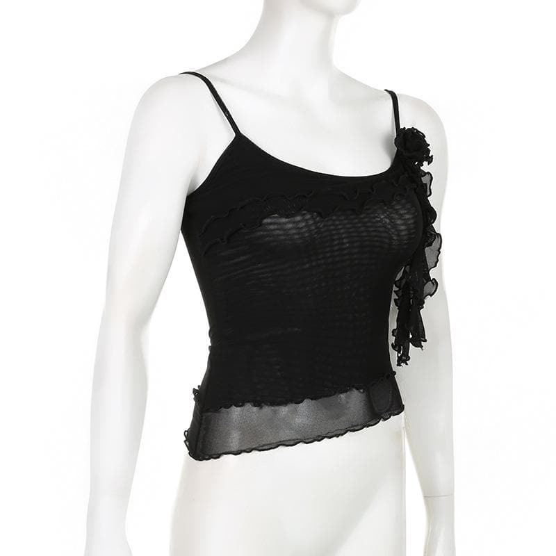 Sheer Mesh Flower Applique Ruffle U-Neck Irregular Crop Top - Y2K Coquette Aesthetic Fashion
