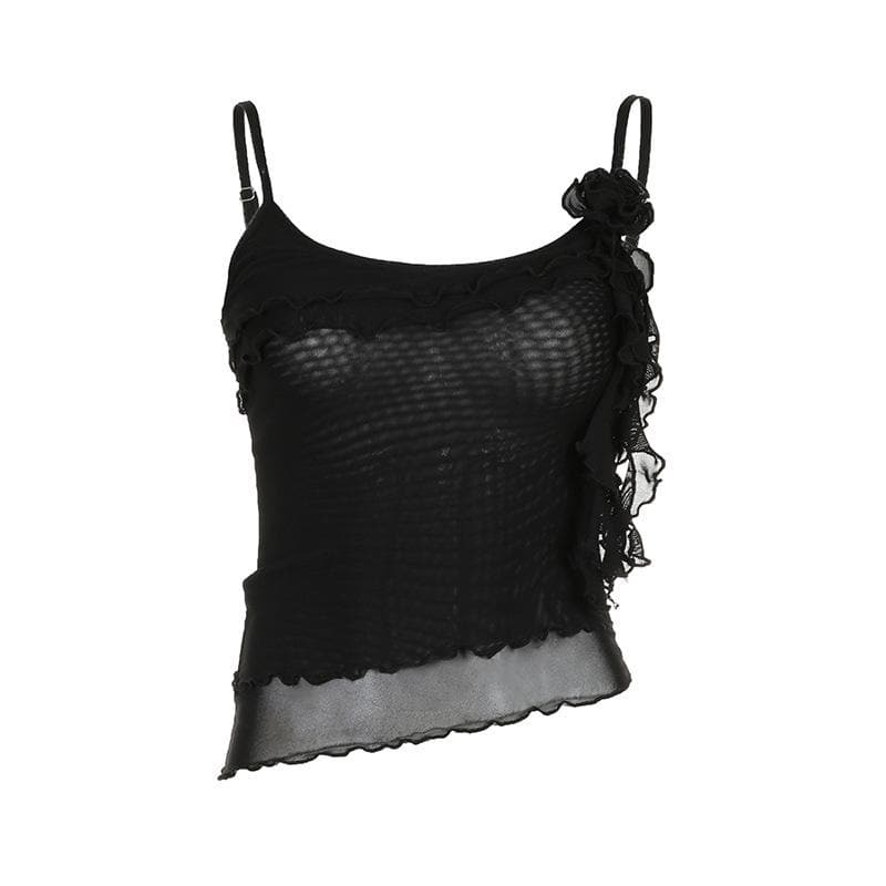 Sheer Mesh Flower Applique Ruffle U-Neck Irregular Crop Top - Y2K Coquette Aesthetic Fashion