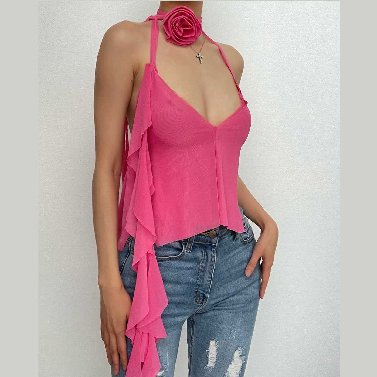 Sheer Mesh Flower Applique V-Neck Halter Backless Crop Top - Y2K Coquette Aesthetic
