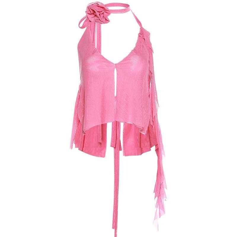 Sheer Mesh Flower Applique V-Neck Halter Backless Crop Top - Y2K Coquette Aesthetic