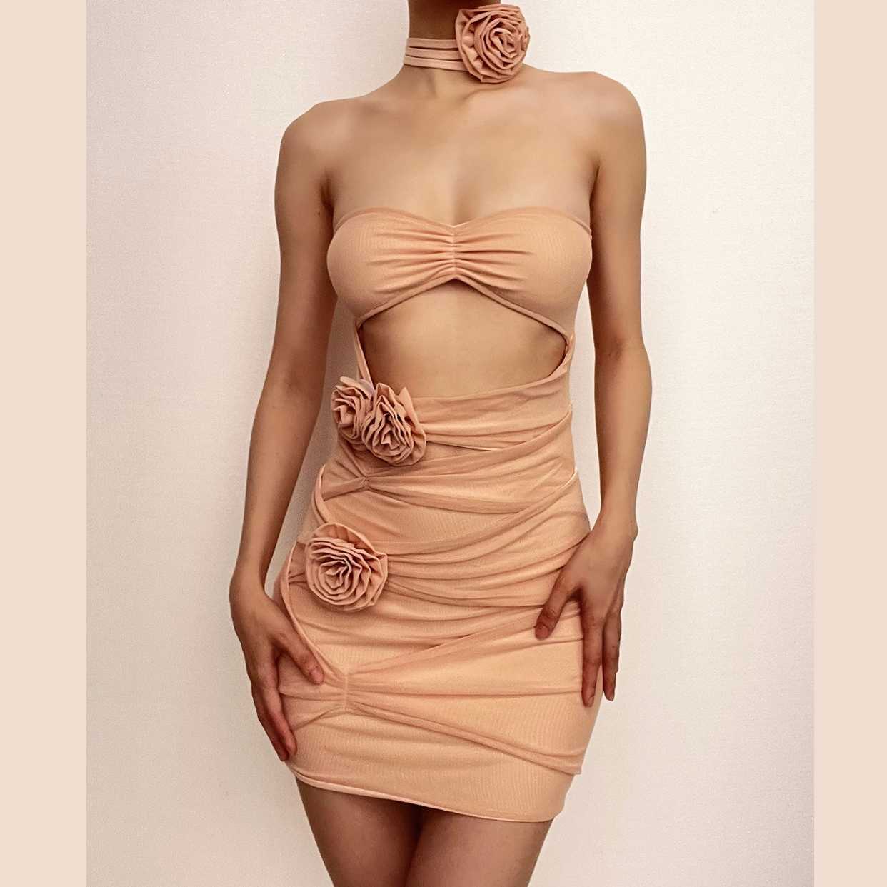 Sheer Mesh Flower Applique Zip-Up Mini Dress - Y2K Aesthetic Cut-Out Style for Trendy Looks