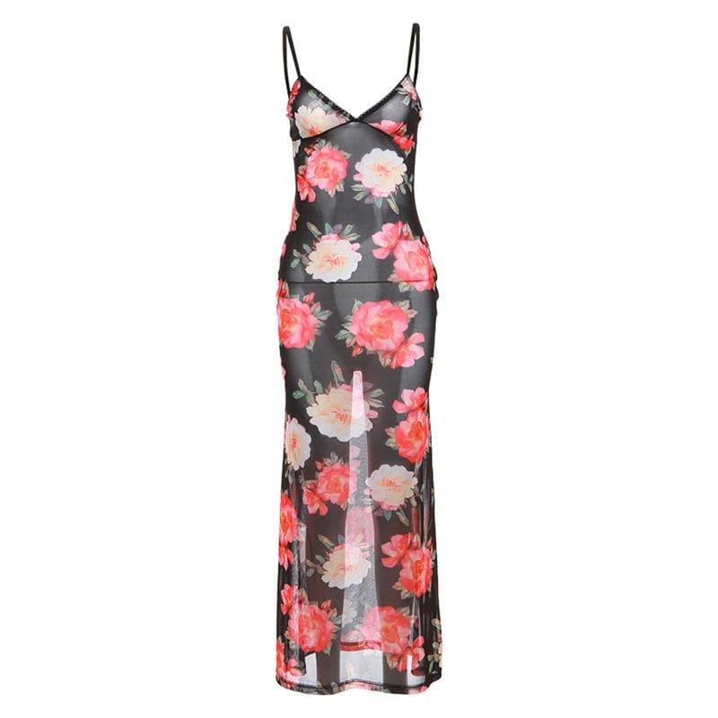 Sheer Mesh Flower Print Cami Maxi Dress - Y2K Aesthetic, Coquette Style, Cute Summer Outfit