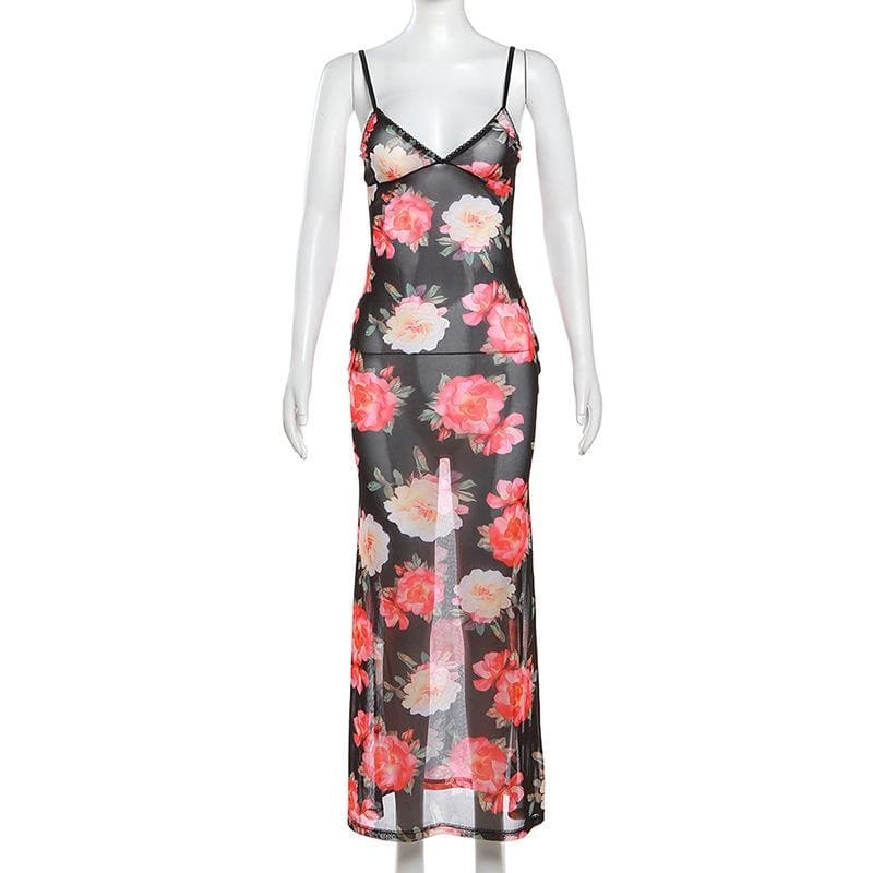 Sheer Mesh Flower Print Cami Maxi Dress - Y2K Aesthetic, Coquette Style, Cute Summer Outfit