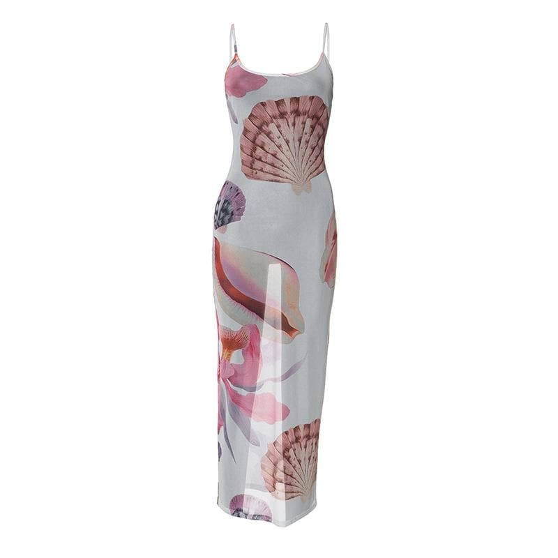 Sheer Mesh Flower Print Cami Maxi Dress - Y2K Aesthetic, Coquette Style, Cute Summer Outfit