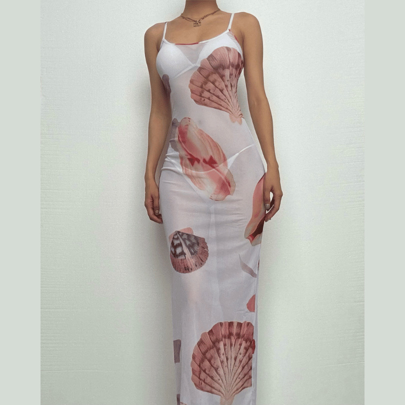 Sheer Mesh Flower Print Cami Maxi Dress - Y2K Aesthetic, Coquette Style, Cute Summer Outfit