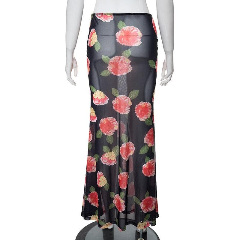 Sheer Mesh Flower Print Contrast Maxi Skirt - Y2K Aesthetic, Coquette Style, Grunge Vibes