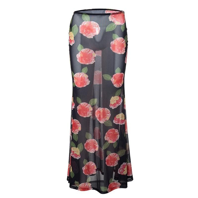 Sheer Mesh Flower Print Contrast Maxi Skirt - Y2K Aesthetic, Coquette Style, Grunge Vibes