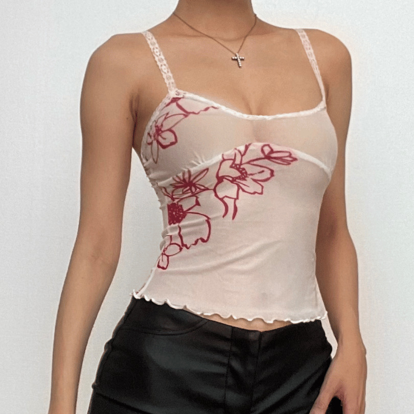 Sheer Mesh Flower Print Lace Hem Crop Top - Y2K Aesthetic, Coquette Style, Cute Tops