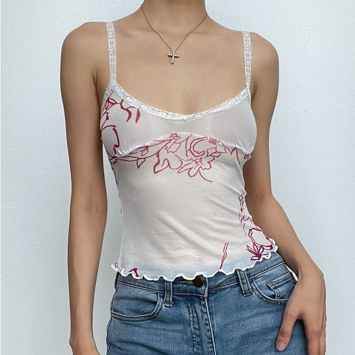 Sheer Mesh Flower Print Lace Hem Crop Top - Y2K Aesthetic, Coquette Style, Cute Tops