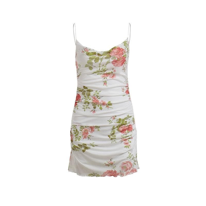 Sheer Mesh Flower Print Ruffle Cami Mini Dress - Y2K Aesthetic Cute Top for Coquette Style