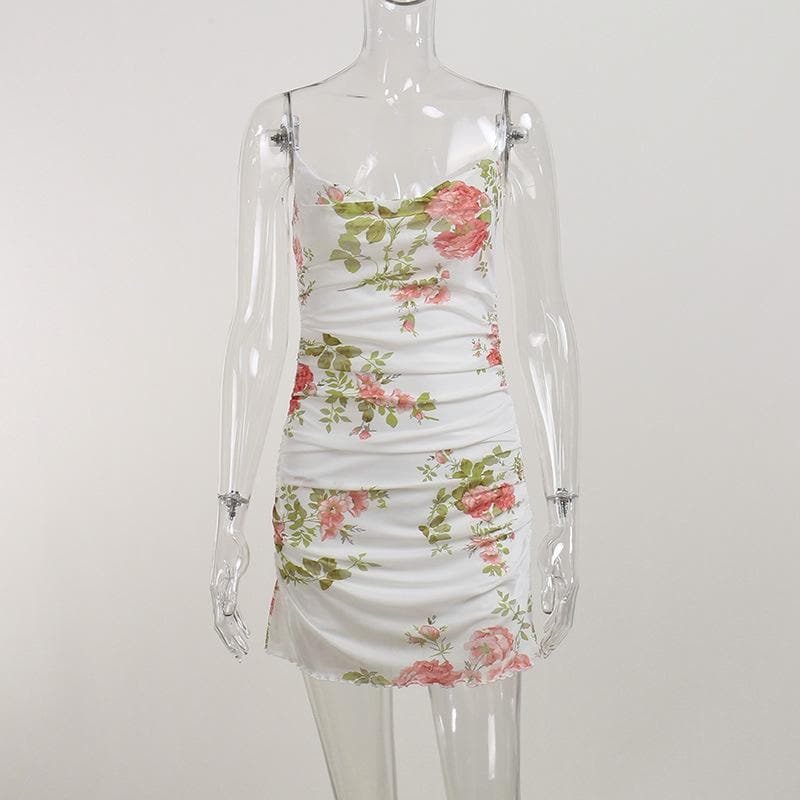 Sheer Mesh Flower Print Ruffle Cami Mini Dress - Y2K Aesthetic Cute Top for Coquette Style