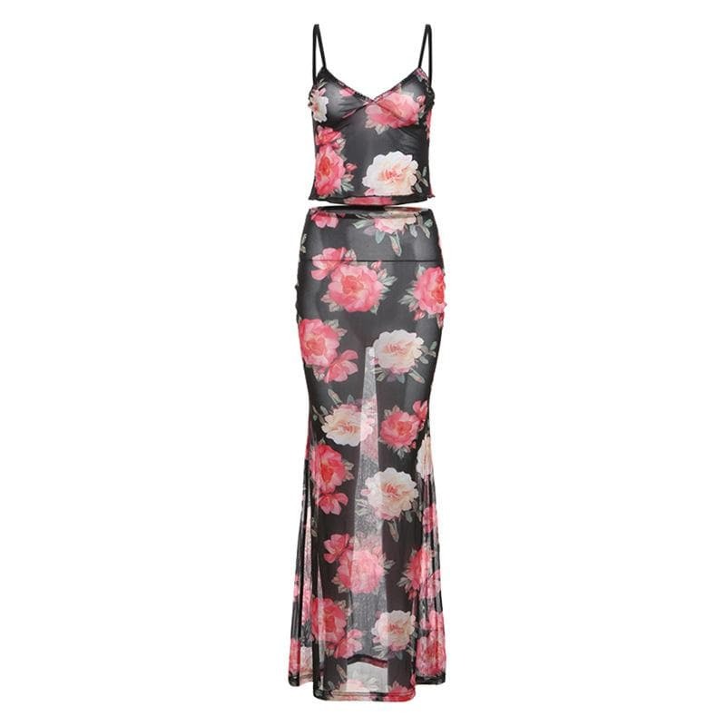 Sheer Mesh Flower Print Ruffle V-Neck Cami & Skirt Set - Y2K Coquette Aesthetic Outfit