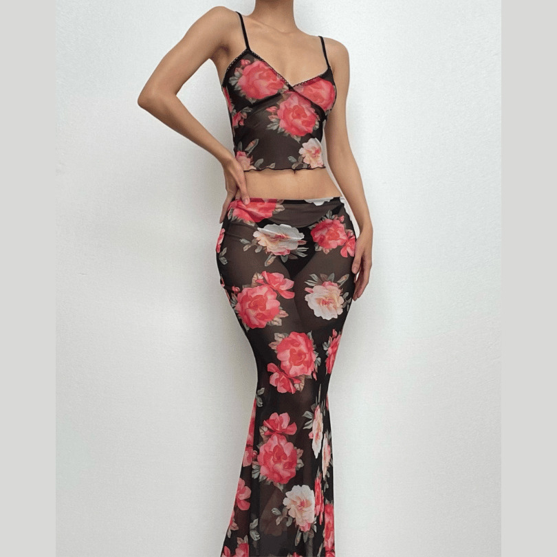 Sheer Mesh Flower Print Ruffle V-Neck Cami & Skirt Set - Y2K Coquette Aesthetic Outfit
