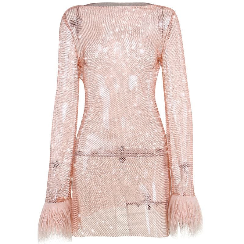 Sheer Mesh Fluffy Round Neck Mini Dress - Y2K Aesthetic, Coquette Style, Cute Layering Piece