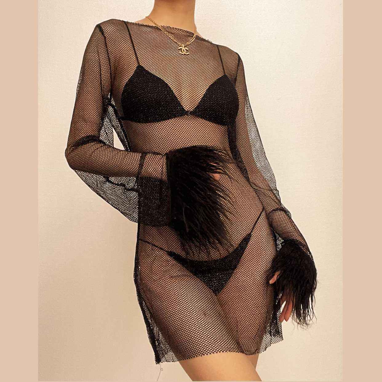 Sheer Mesh Fluffy Round Neck Mini Dress - Y2K Aesthetic, Coquette Style, Cute Layering Piece