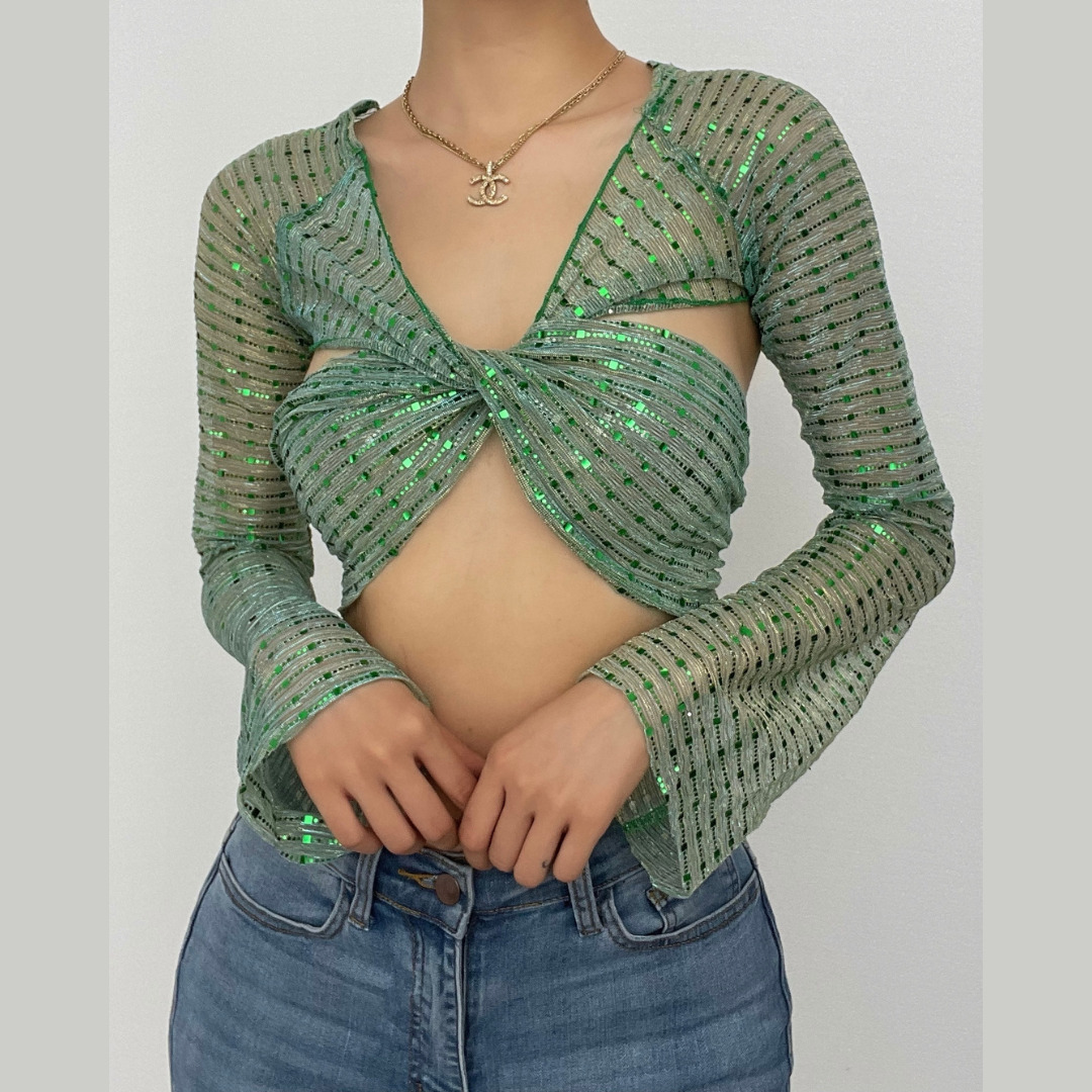 Sheer Mesh Glitter Crop Top with Knotted Self-Tie Long Sleeves - Y2K & Coquette Aesthetic