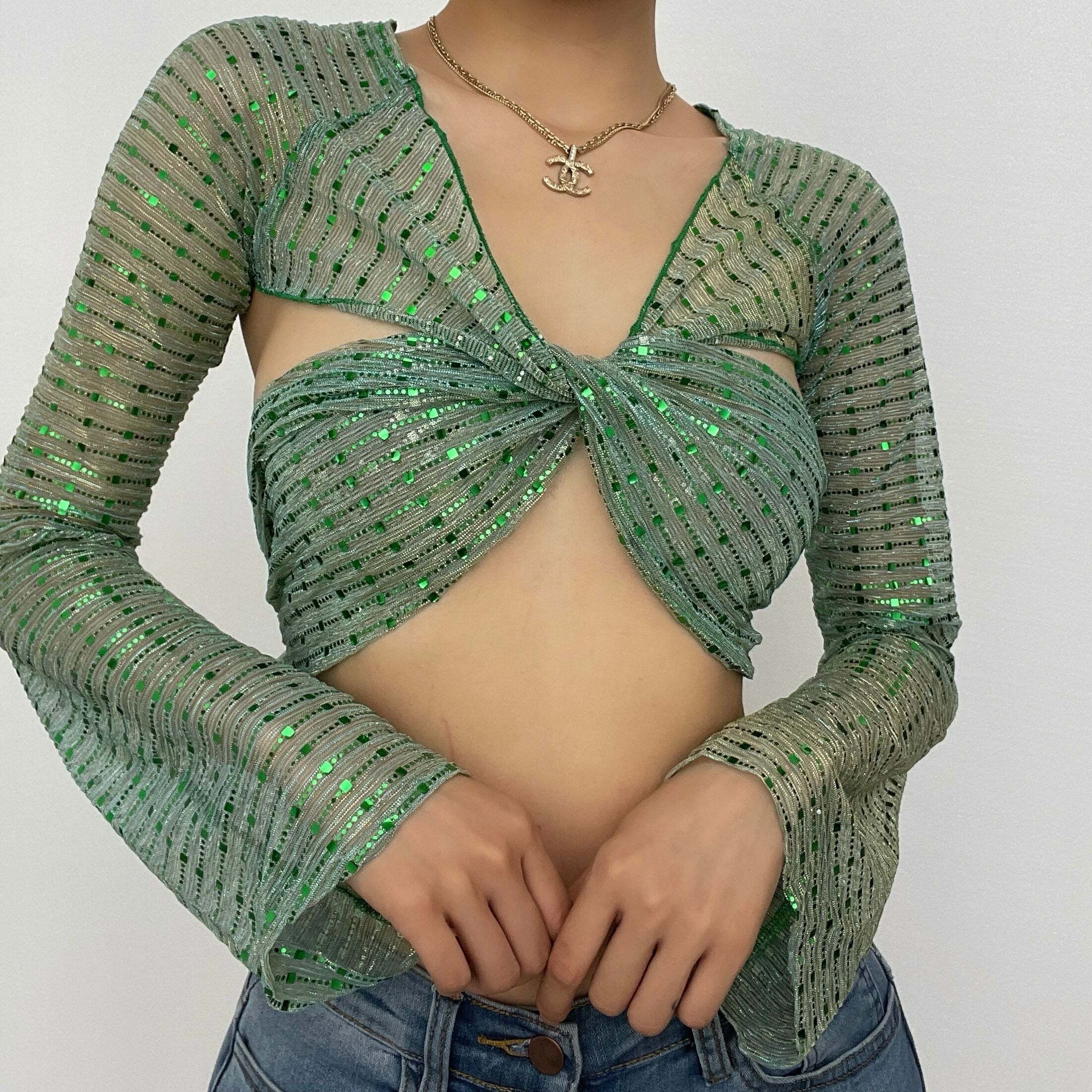 Sheer Mesh Glitter Crop Top with Knotted Self-Tie Long Sleeves - Y2K & Coquette Aesthetic