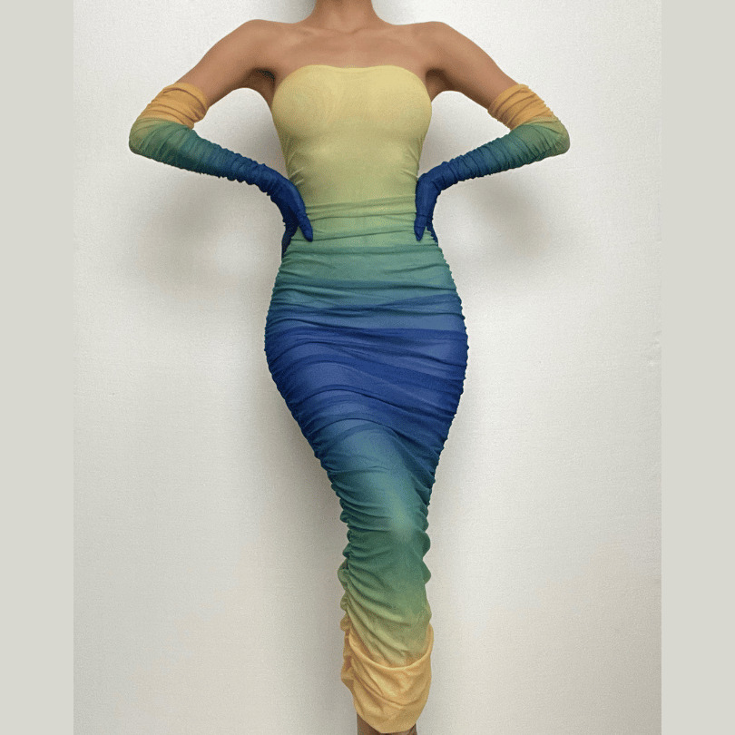 Sheer Mesh Gradient Gloves & Ruched Tube Maxi Dress - Y2K Aesthetic & Coquette Style