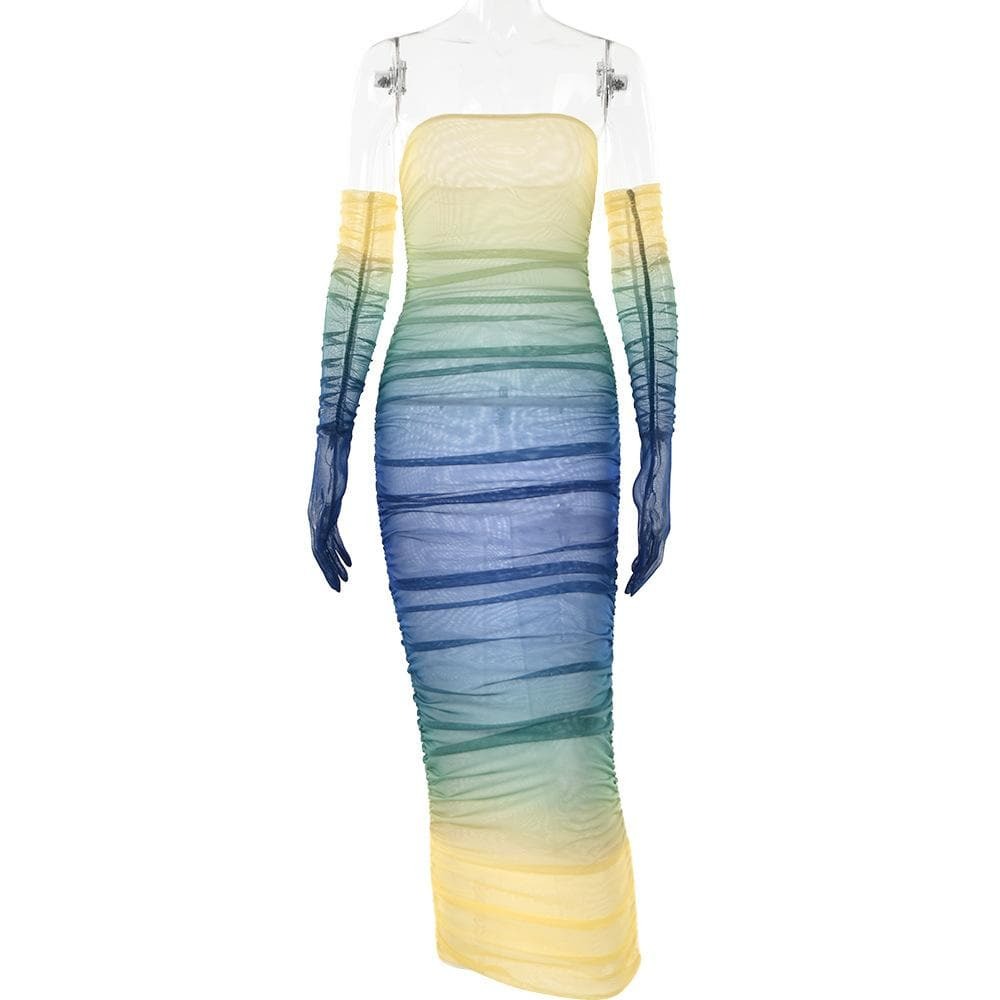 Sheer Mesh Gradient Gloves & Ruched Tube Maxi Dress - Y2K Aesthetic & Coquette Style