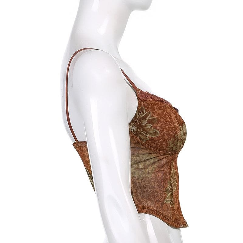 Sheer Mesh Hem Lace Print V-Neck Crop Top - Y2K Aesthetic Cute Top for Coquette Style